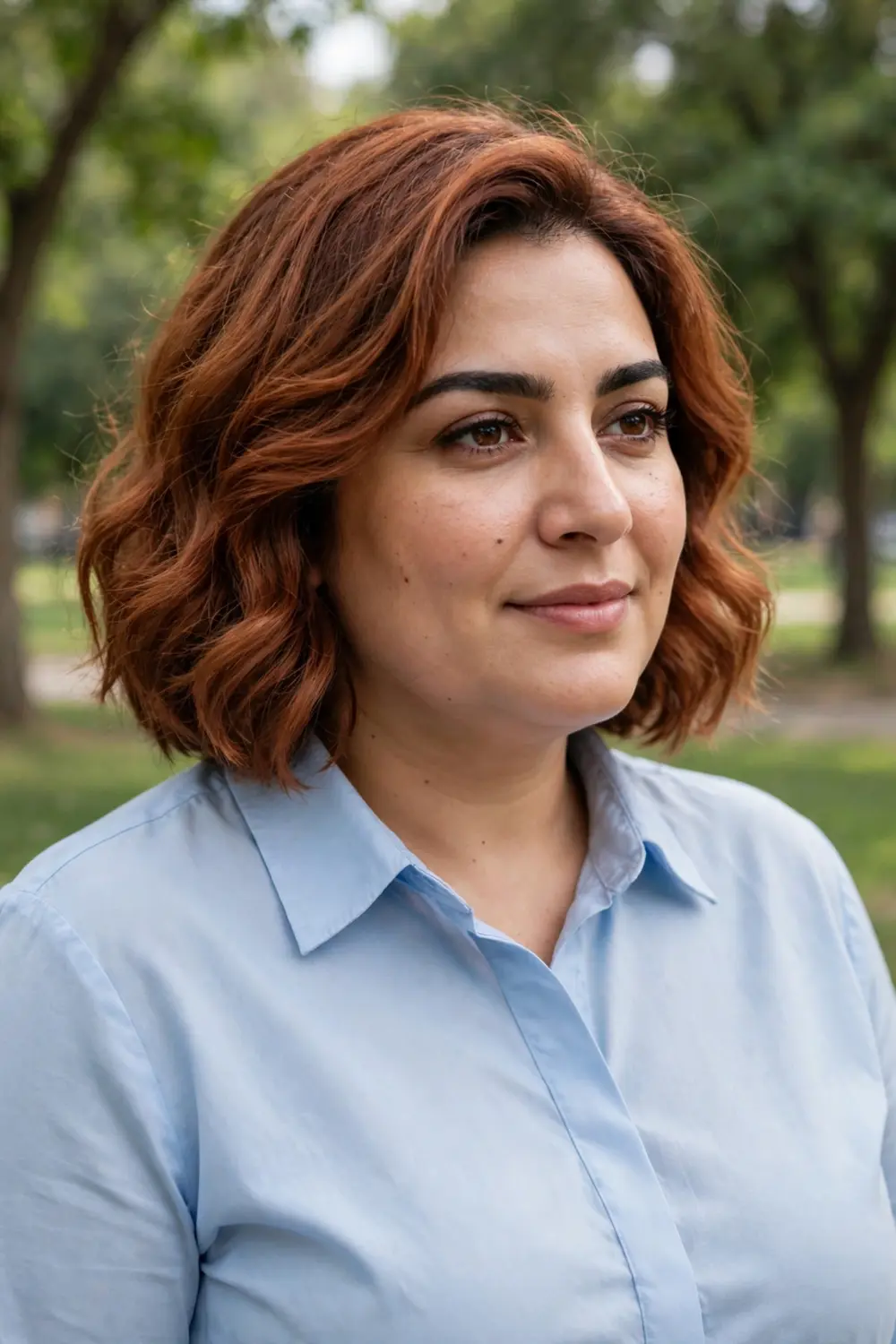 Plus size woman with a bob featuring soft romantic waves