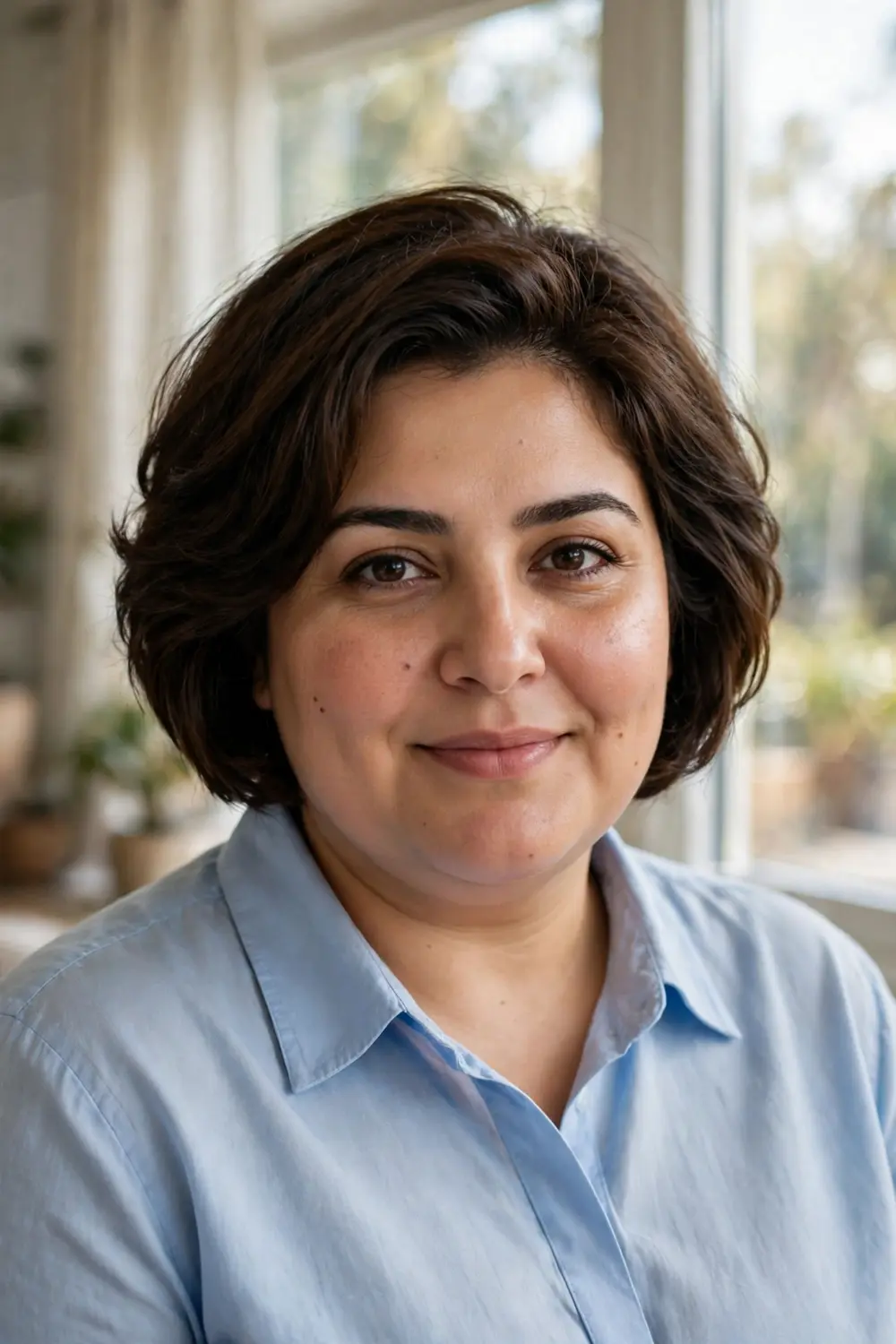 Plus size woman with a stacked bob featuring graduated back layers