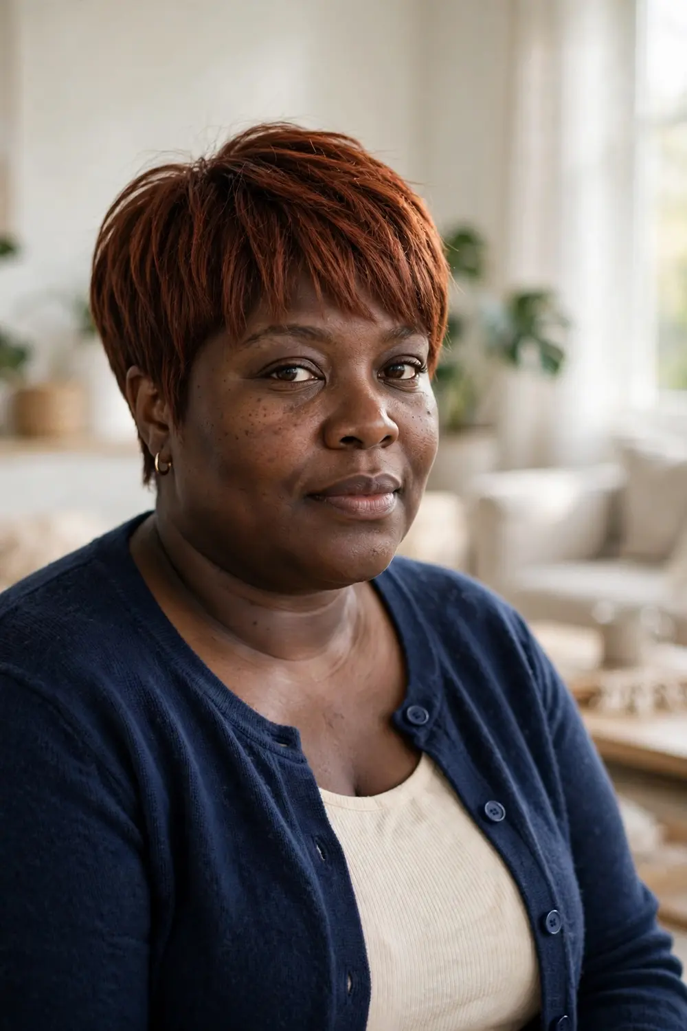 Plus size woman with a tapered pixie featuring a soft fringe