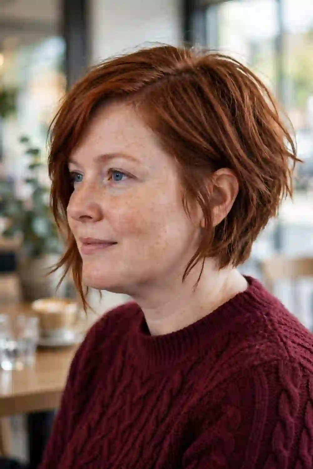 Woman with a round face wearing an asymmetrical bob with uneven length