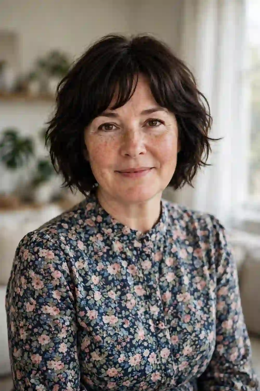 Woman with a round face wearing a bixie cut with curtain bangs