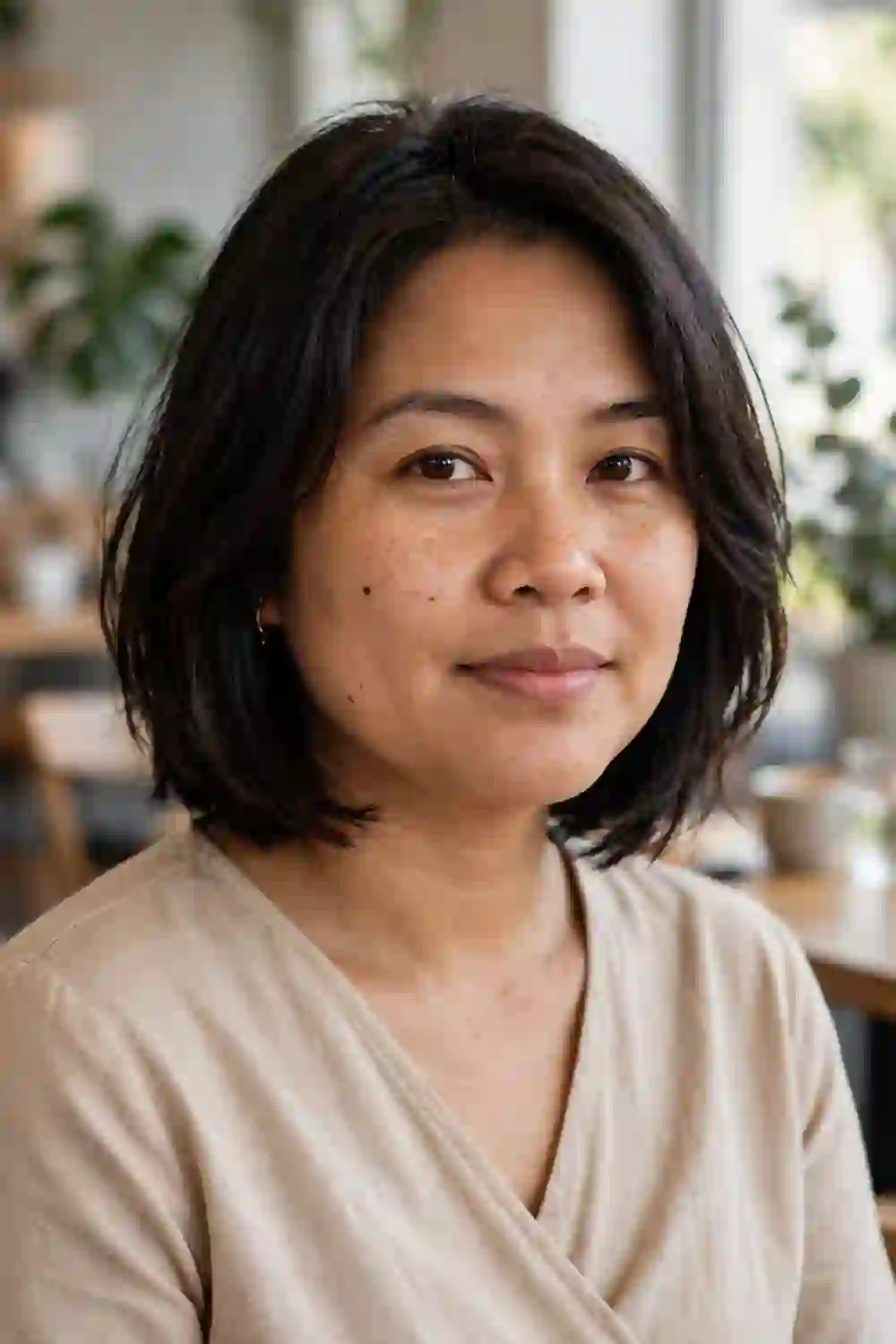 Woman with a round face wearing a chin-length bob with soft layers