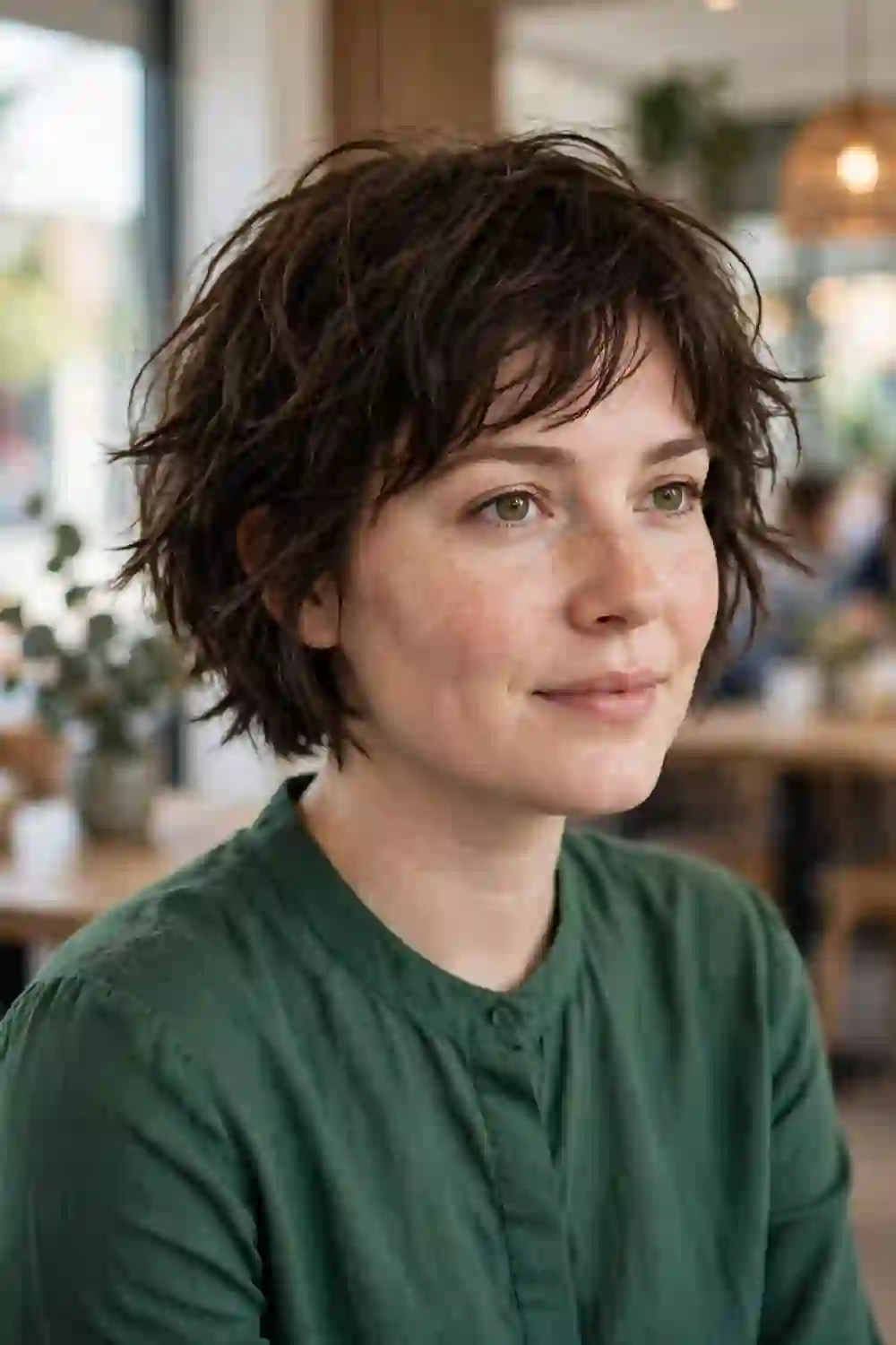 Woman with a round face wearing a choppy bob with textured ends