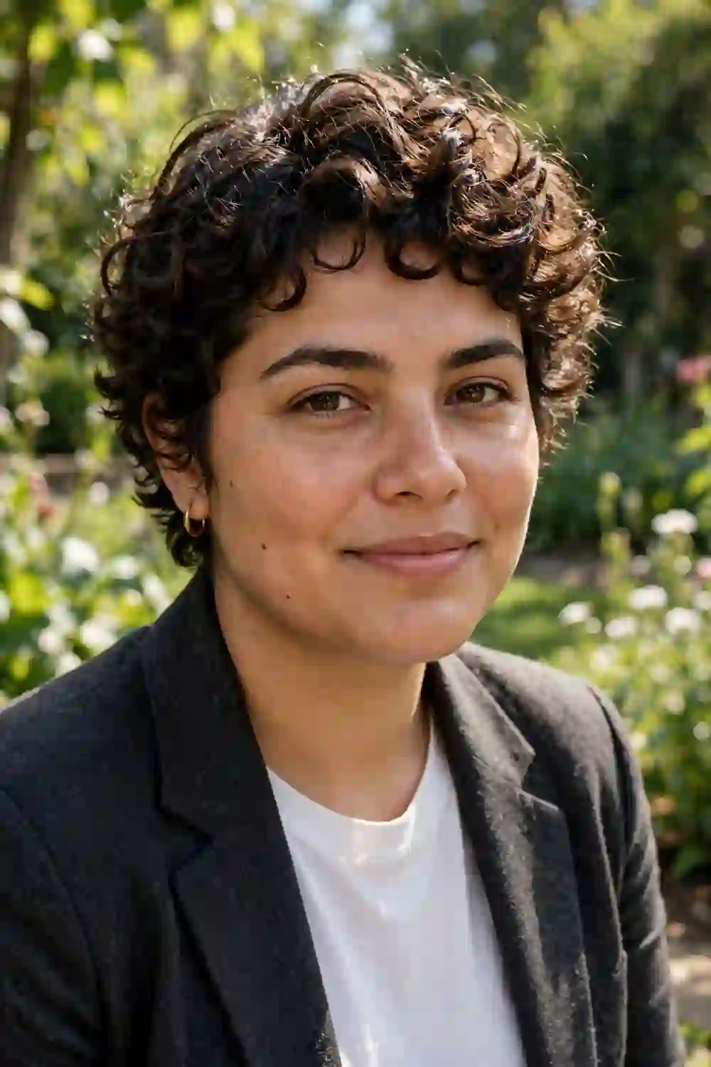 Woman with a round face wearing a curly pixie with volume on top