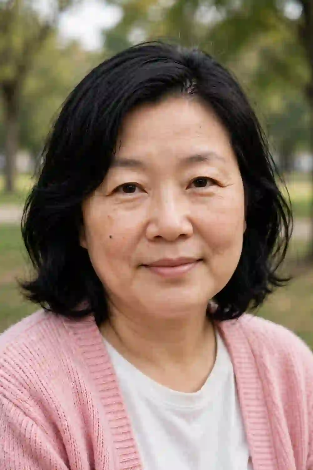 Woman with a round face wearing a lob with a deep side part