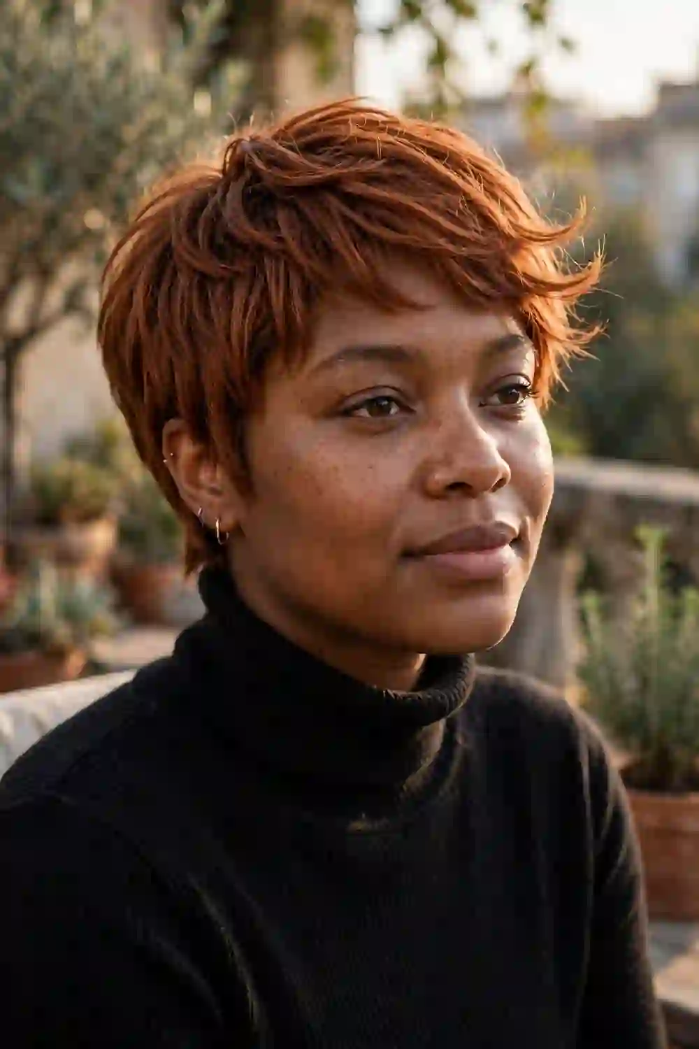 Woman with a round face wearing a feathered pixie with crown lift