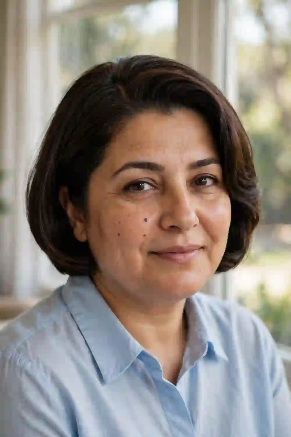 Woman with a round face wearing a French bob with a deep side part