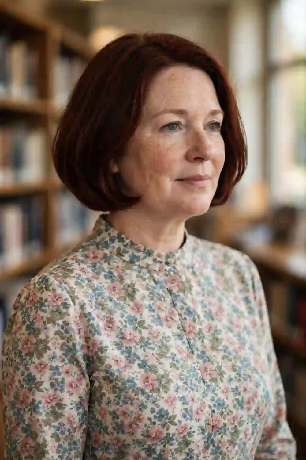 Woman with a round face wearing a graduated bob with a stacked nape