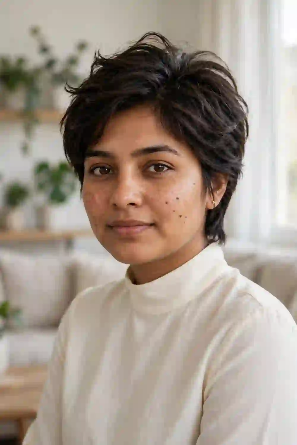 Woman with a round face wearing a layered pixie with noticeable crown height
