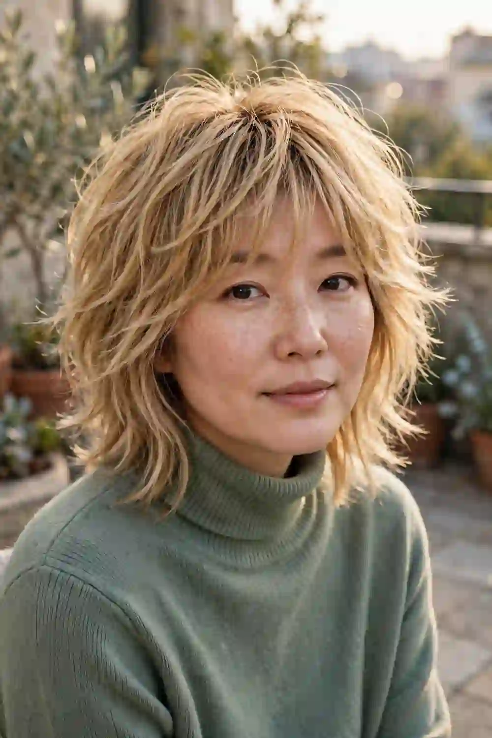 Woman with a round face wearing a layered shag with face-framing pieces