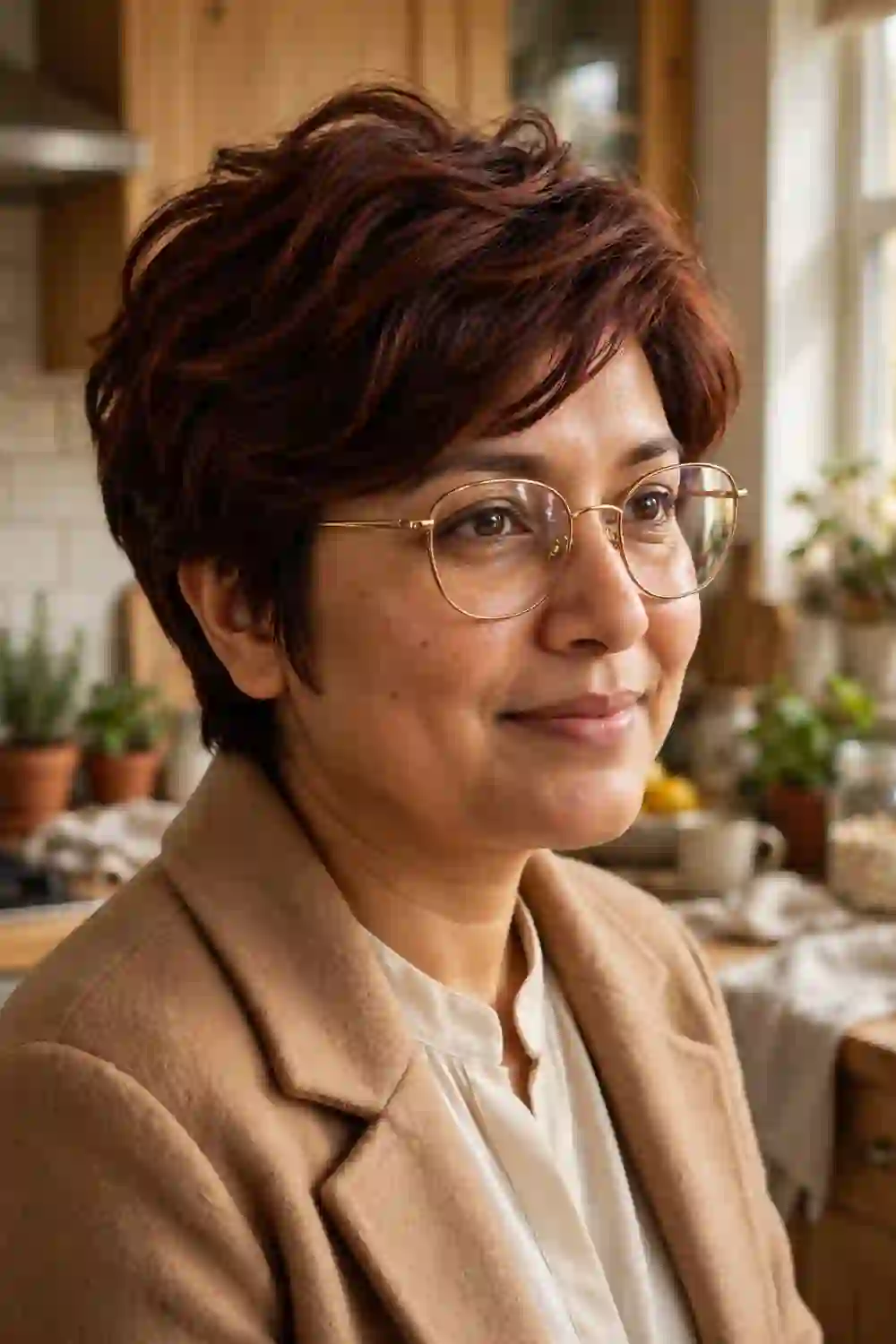 Woman with a round face wearing a long pixie with voluminous top