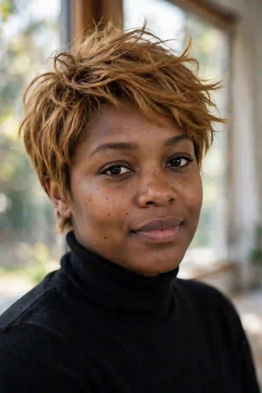 Woman with a round face wearing a messy pixie with tousled texture