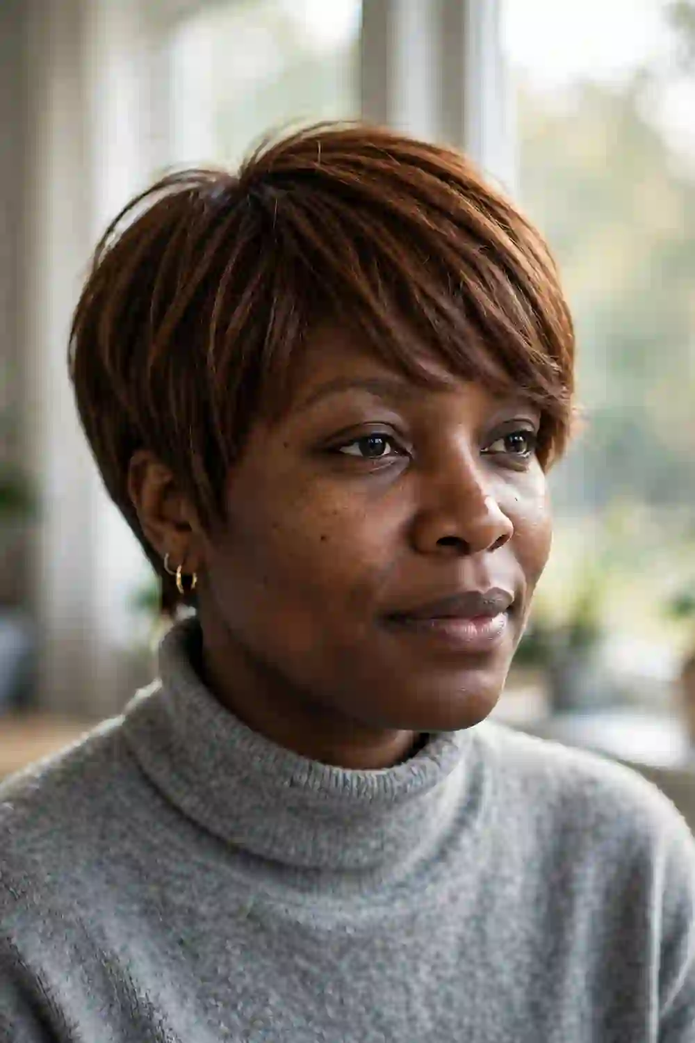 Woman with a round face wearing a pixie with long side bangs