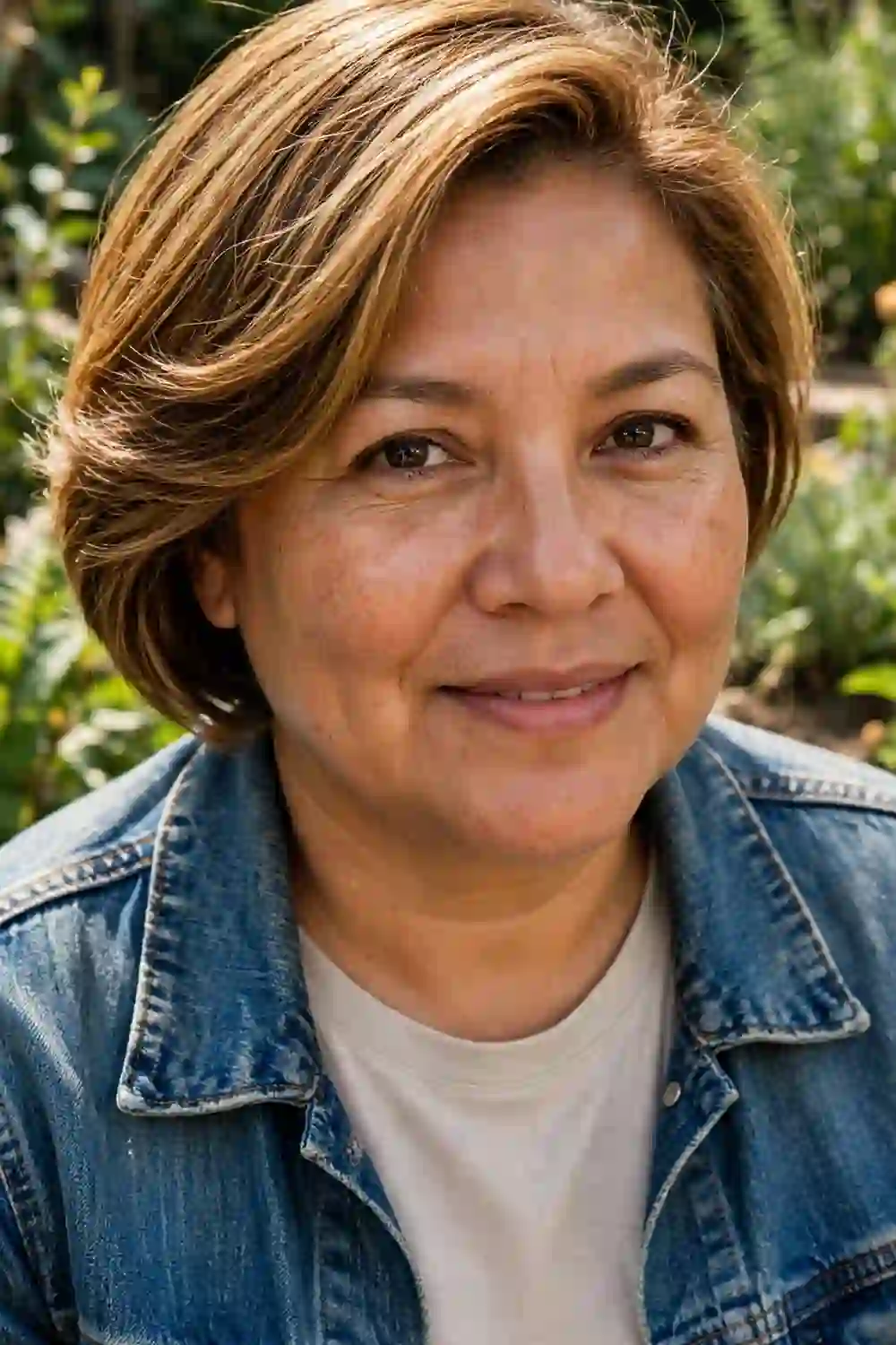 Woman with a round face wearing a bob with long side-swept front layers