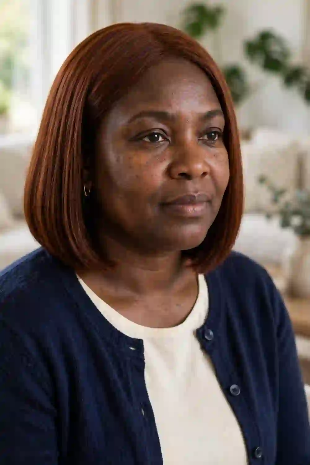Woman with a round face wearing a sleek straight bob with longer front