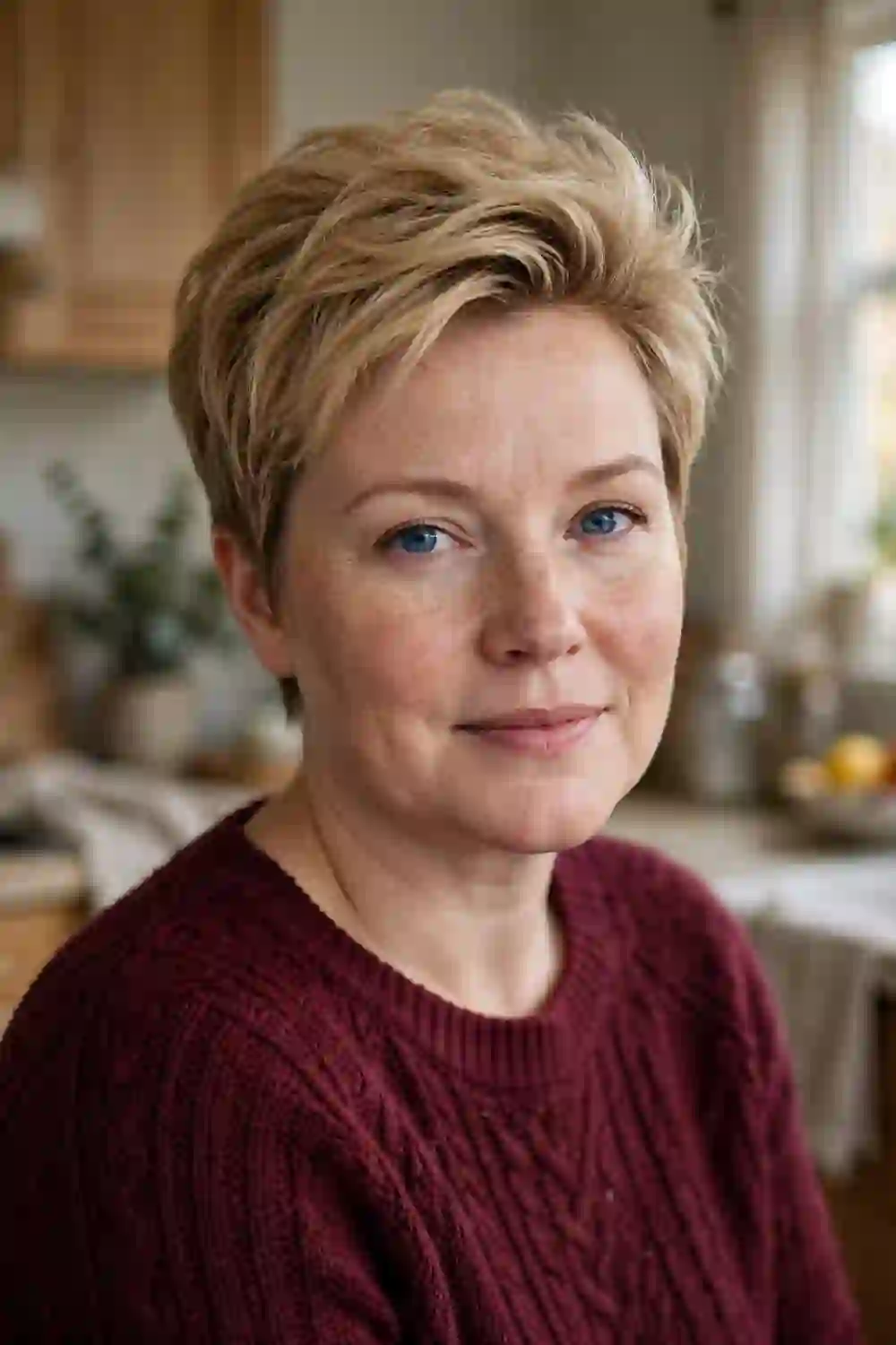 Woman with a round face wearing a tapered cut with height on top