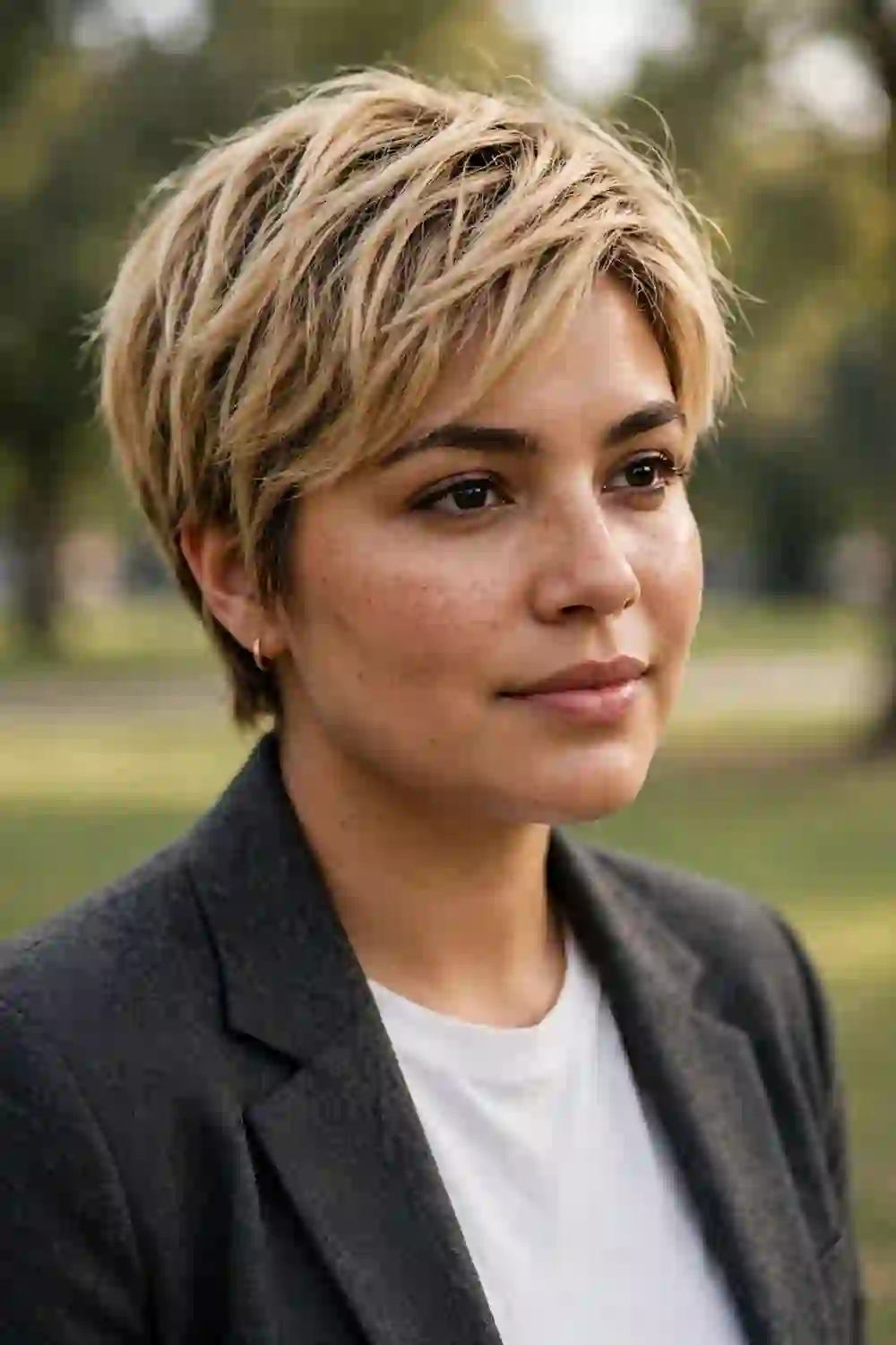 Woman with a round face wearing a textured pixie with a side-swept fringe