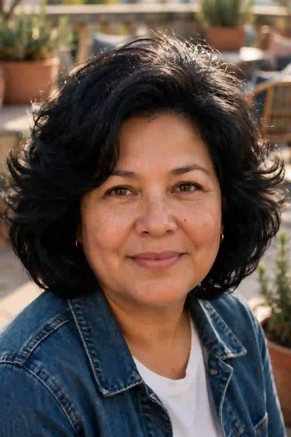 Woman with a round face wearing a bob with a voluminous blowout