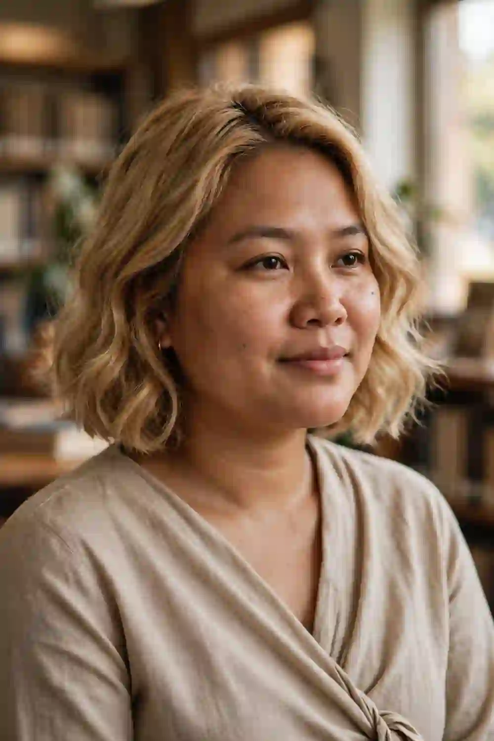 Woman with a round face wearing a wavy chin-length bob