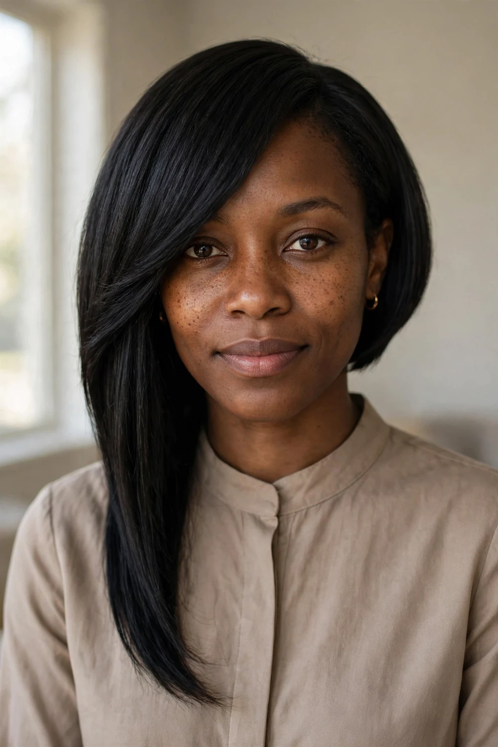 Black woman with an asymmetrical bob, one side longer than the other