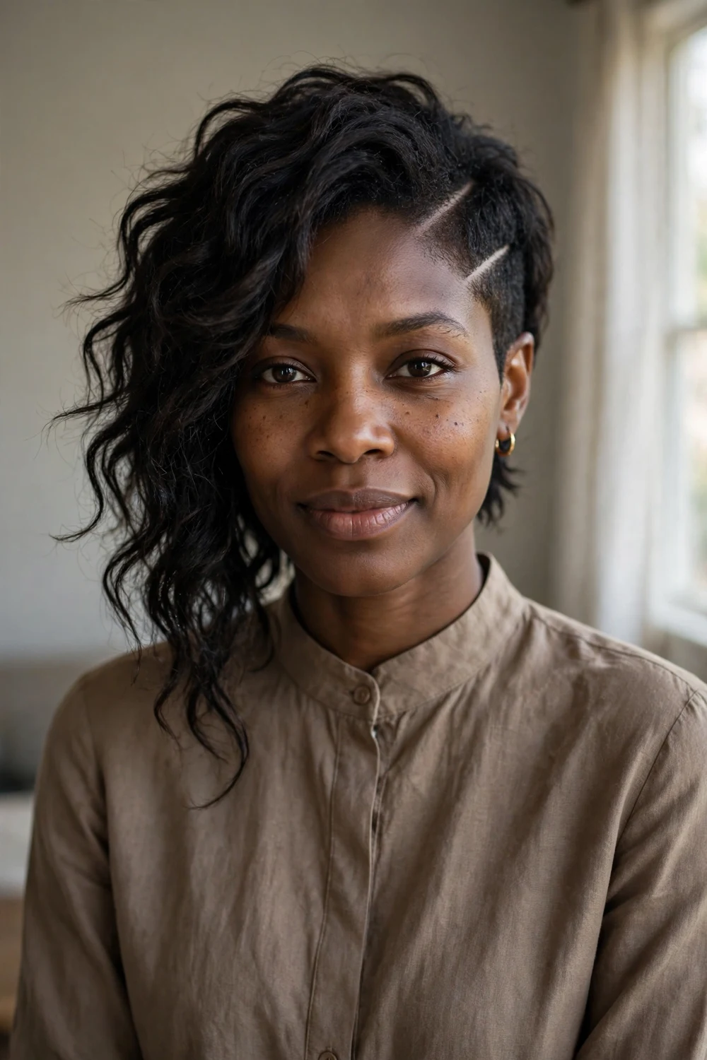 Black woman with an asymmetrical pixie cut, one side longer with a diagonal line