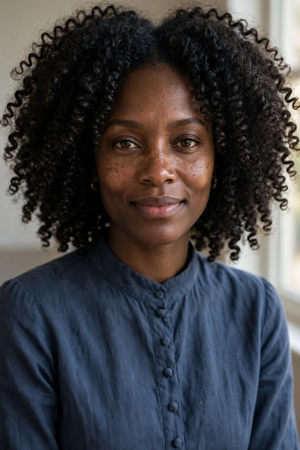 Black woman with a bantu knot-out showing springy defined curls