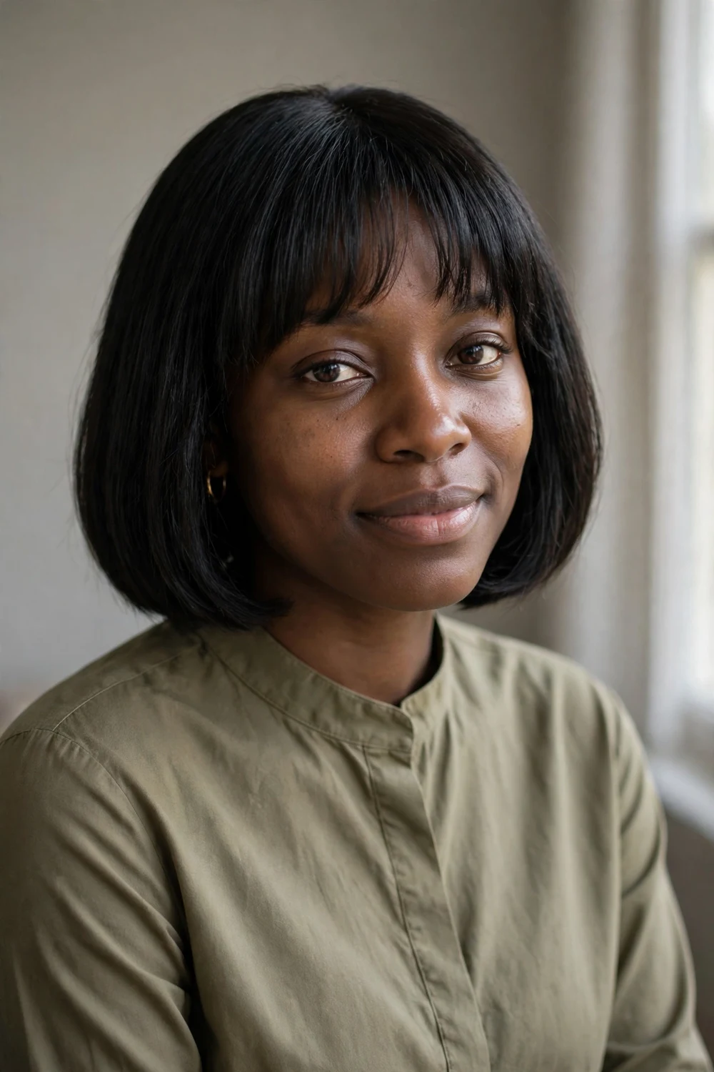 Black woman with a bob haircut with soft straight bangs framing the forehead