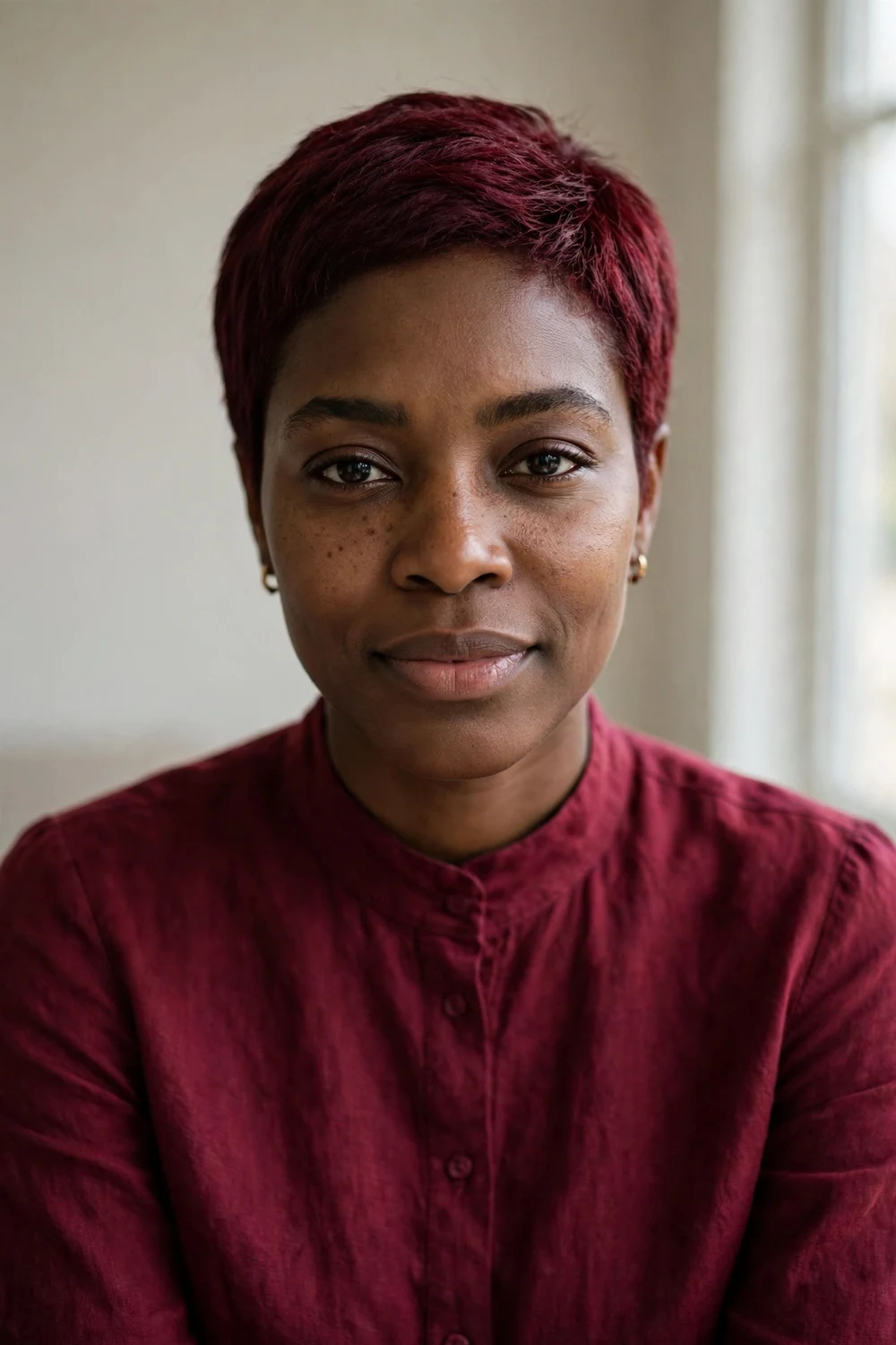 Black woman with a burgundy short cut with deep wine-red tones