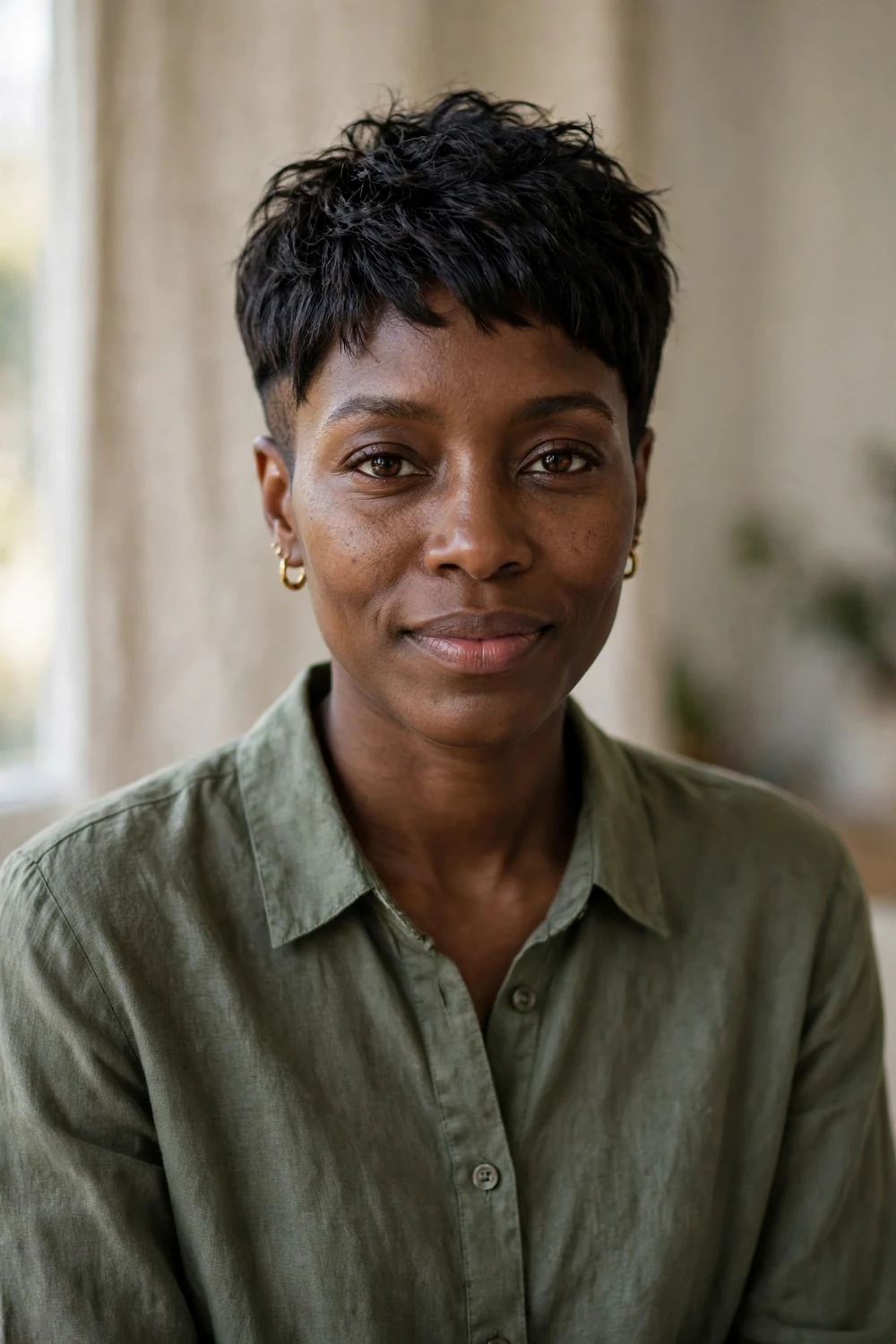 Black woman with a classic pixie cut featuring tapered sides and a textured top