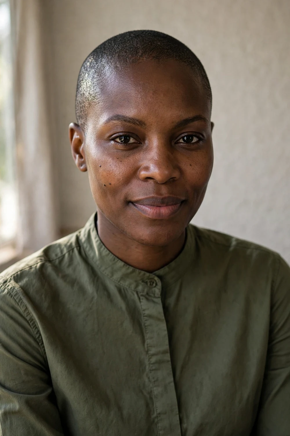 Black woman with a close-cropped buzz cut with clean even length