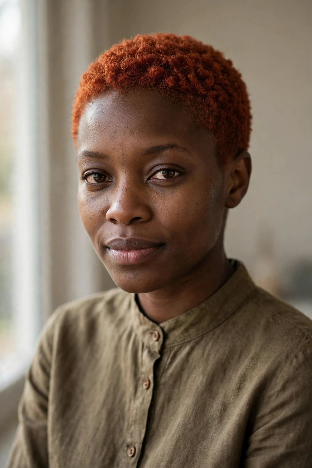 Black woman with a copper red short crop with warm vibrant color