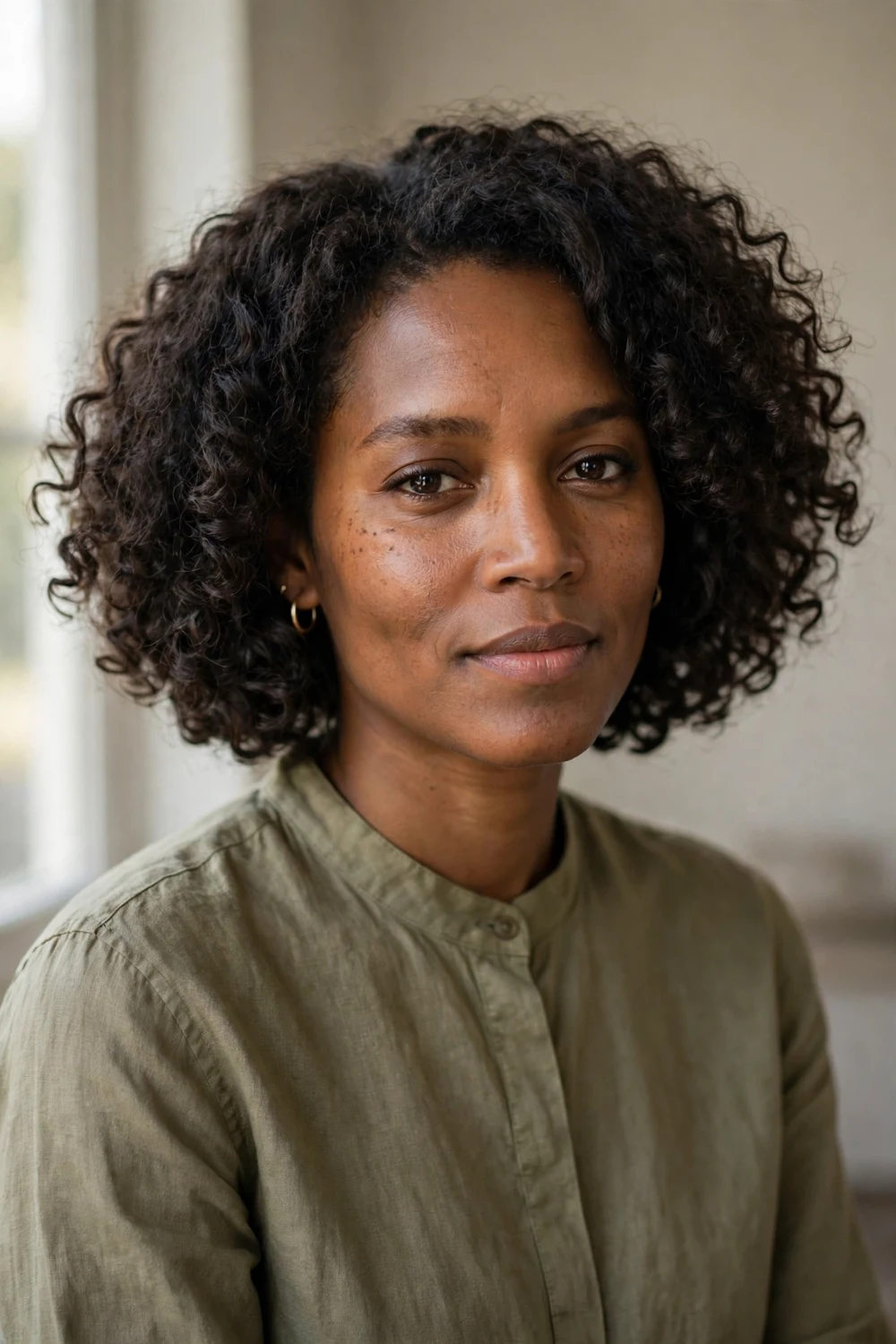 Black woman with a curly bob featuring defined bouncy curls and rounded shape