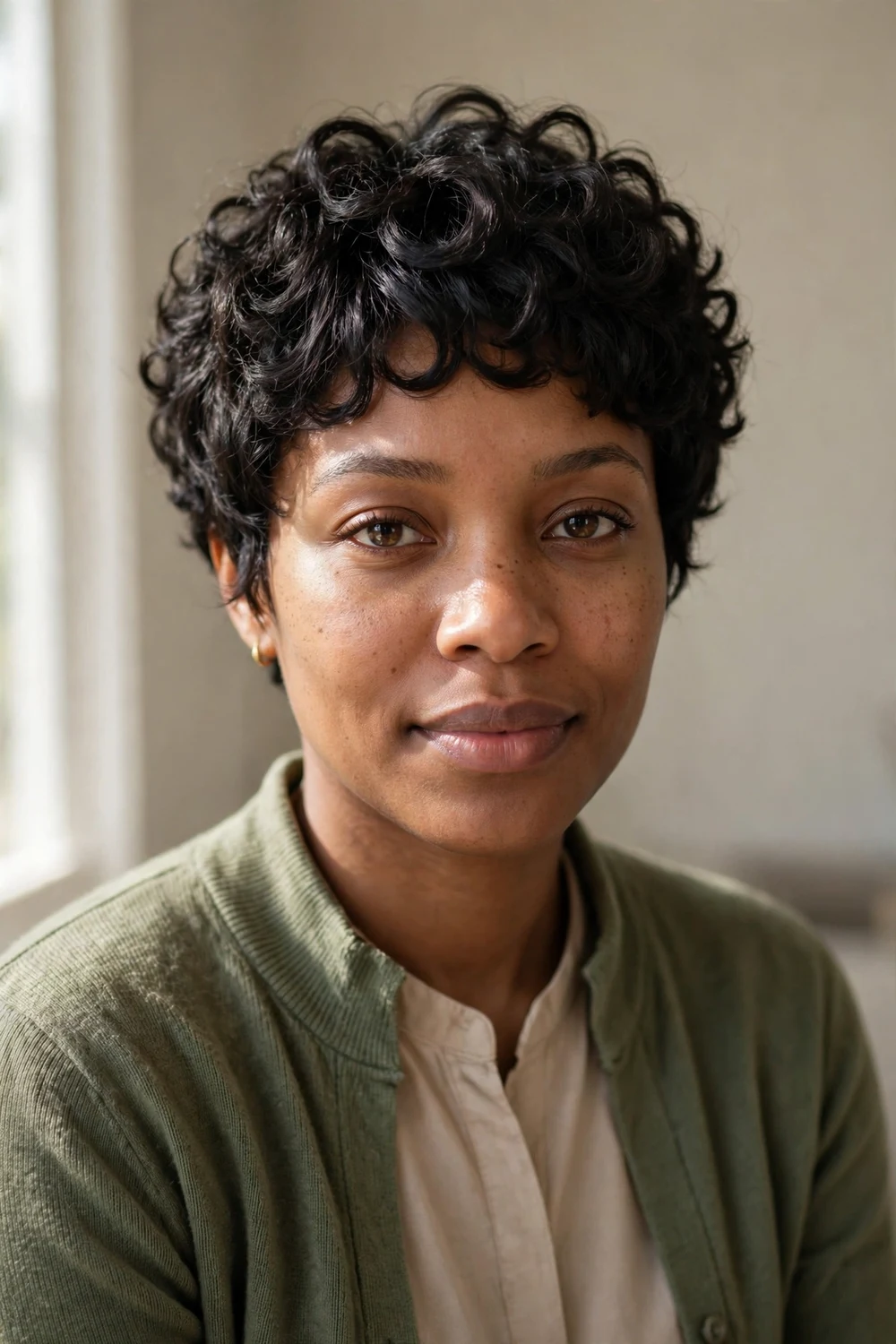 Black woman with a curly pixie cut showing defined natural curls and soft volume