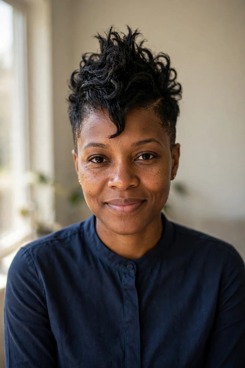 Black woman with a faux hawk pixie with height through the center and tapered sides