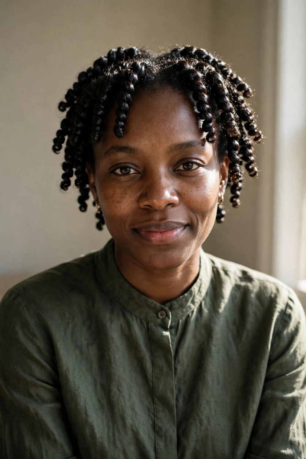 Black woman with finger coils featuring smooth defined spiral curls