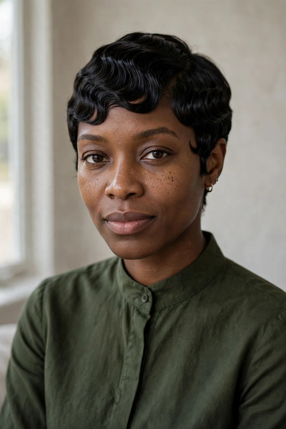 Black woman with a finger wave pixie featuring sculpted S-shaped waves