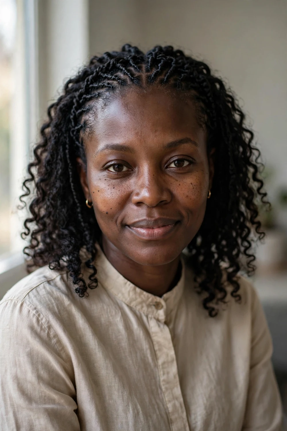 Black woman with a flat twist crown with neat scalp twists and loose curls