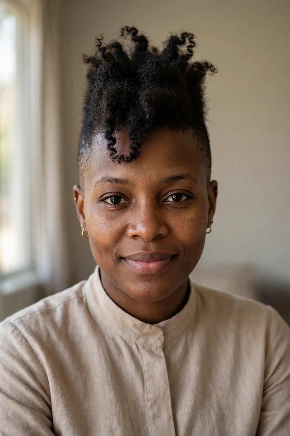 Black woman with a frohawk with raised natural curls through the center and short sides