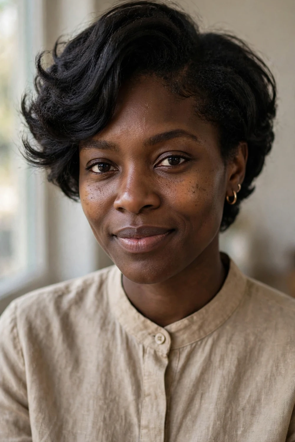 Black woman with a half-wig flip-over style blending natural front hair with wig