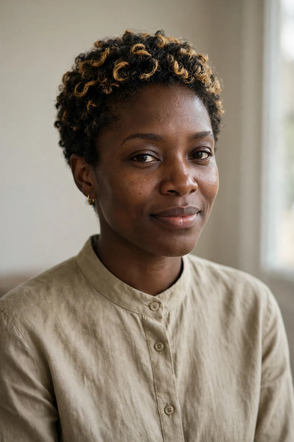 Black woman with a short crop with honey blonde highlights through dark curls