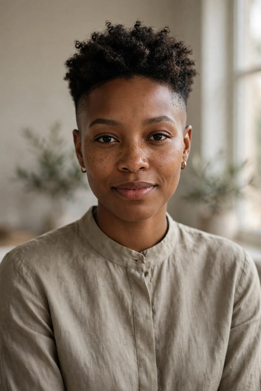 Black woman with a low fade haircut with clean faded sides and textured curly top