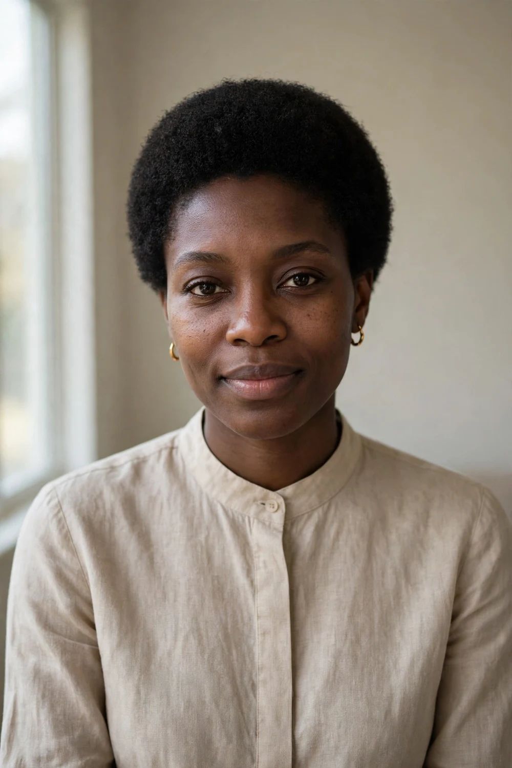 Black woman with a mini afro with short rounded natural volume