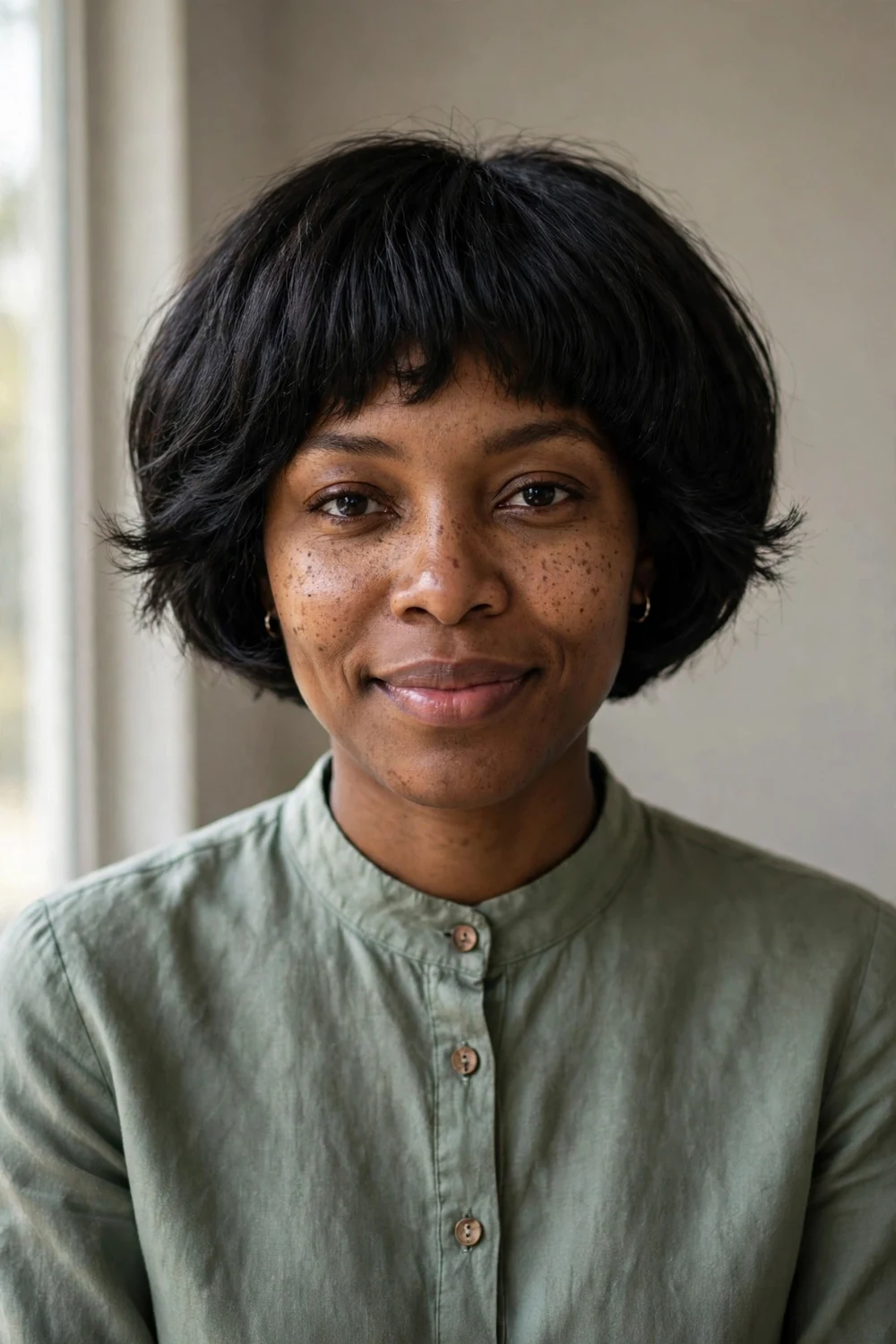 Black woman with a modern bowl cut with rounded shape and textured ends