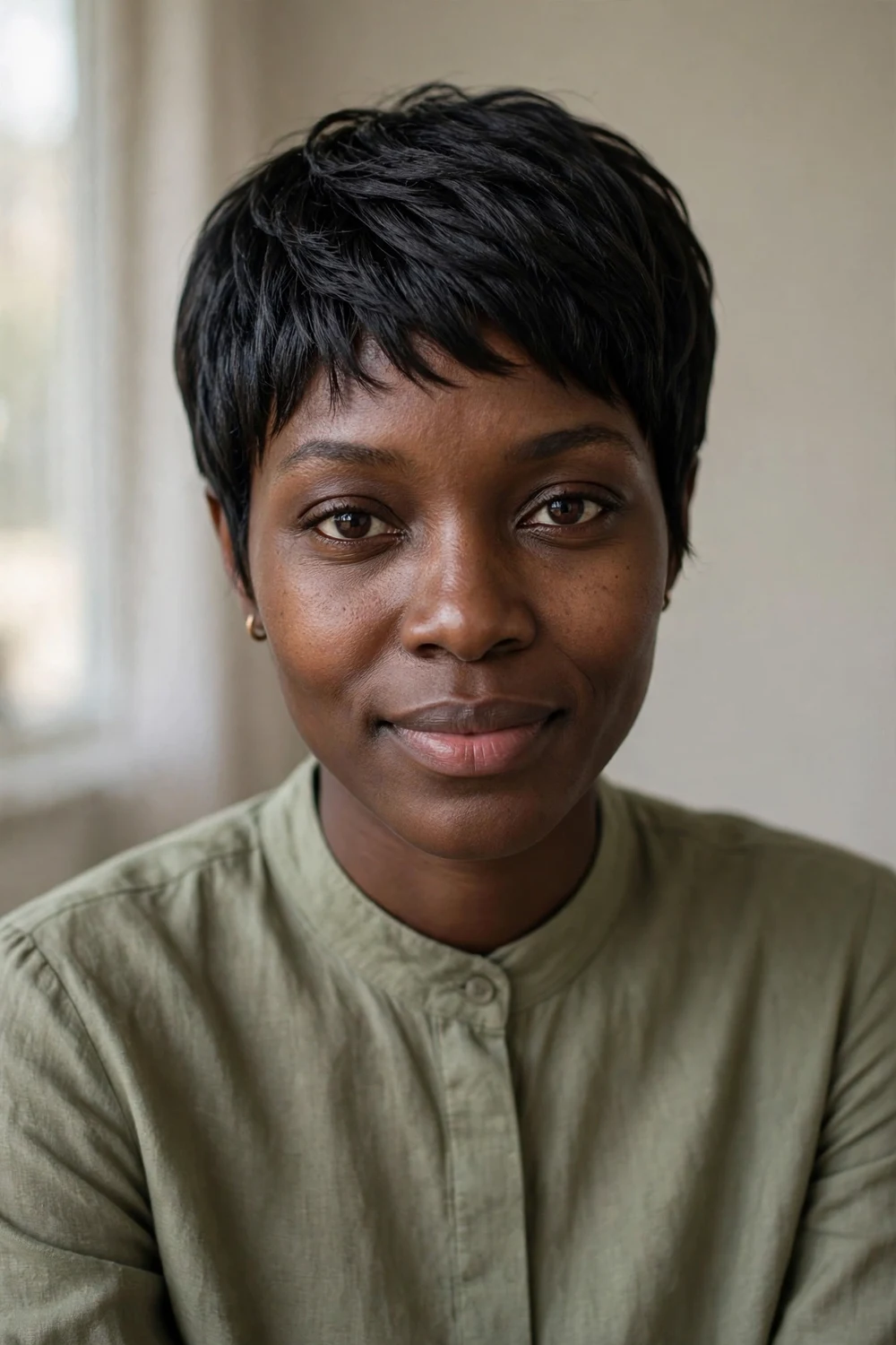 Black woman with a pixie weave featuring short layered tracks in a pixie shape