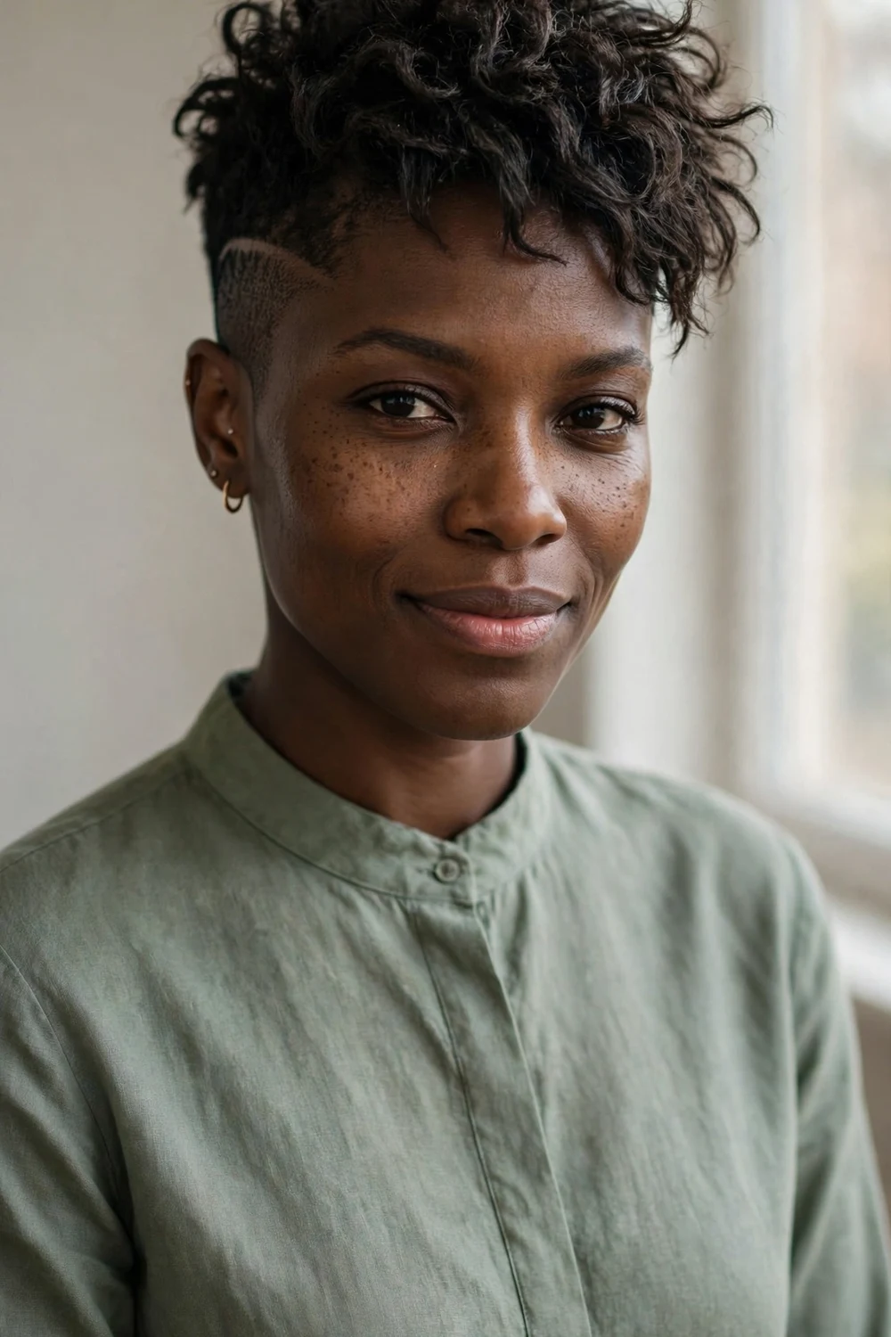 Black woman with a pixie cut with shaved sides and longer textured hair on top