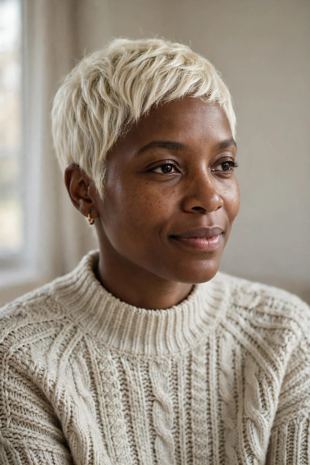 Black woman with a platinum blonde pixie cut with bright even color and textured top