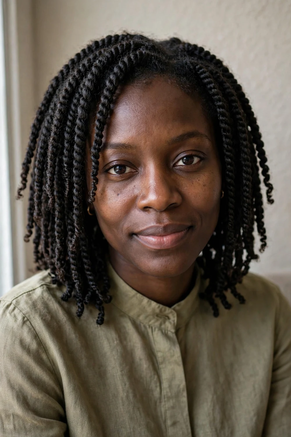 Black woman with short crochet twists with neat shoulder-length twist texture