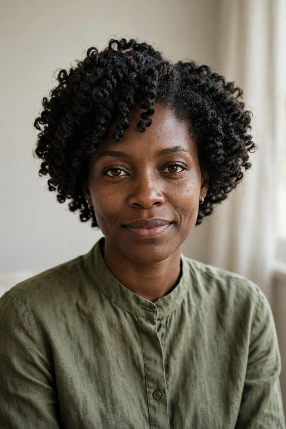 Black woman with a short curly crochet style with voluminous defined curls