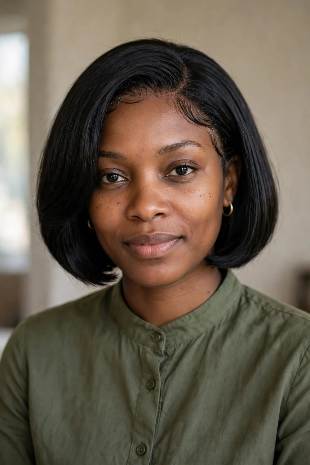 Black woman wearing a short lace-front bob wig with natural-looking hairline