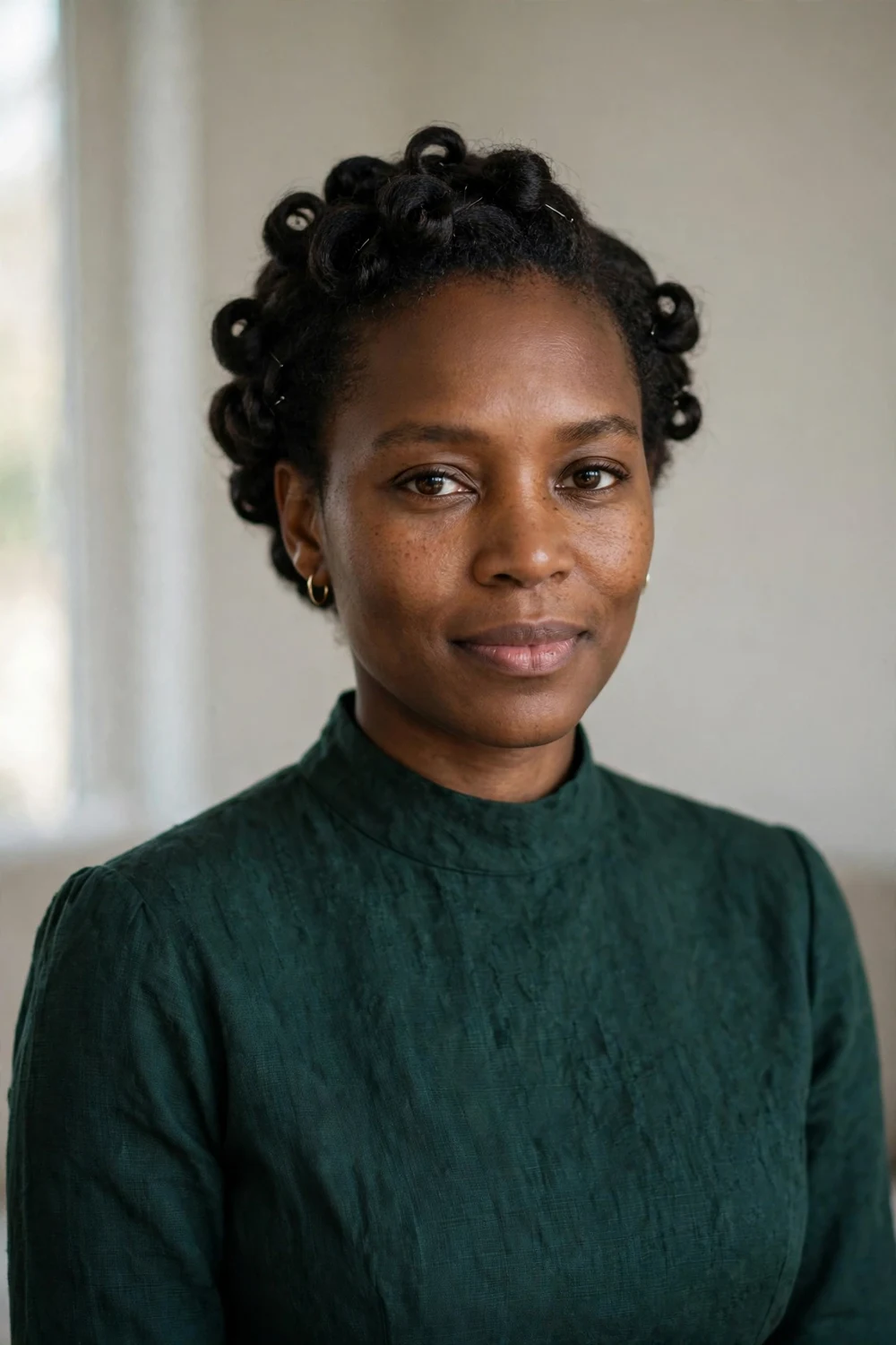 Black woman with a short pinned updo with elegant tucked curls
